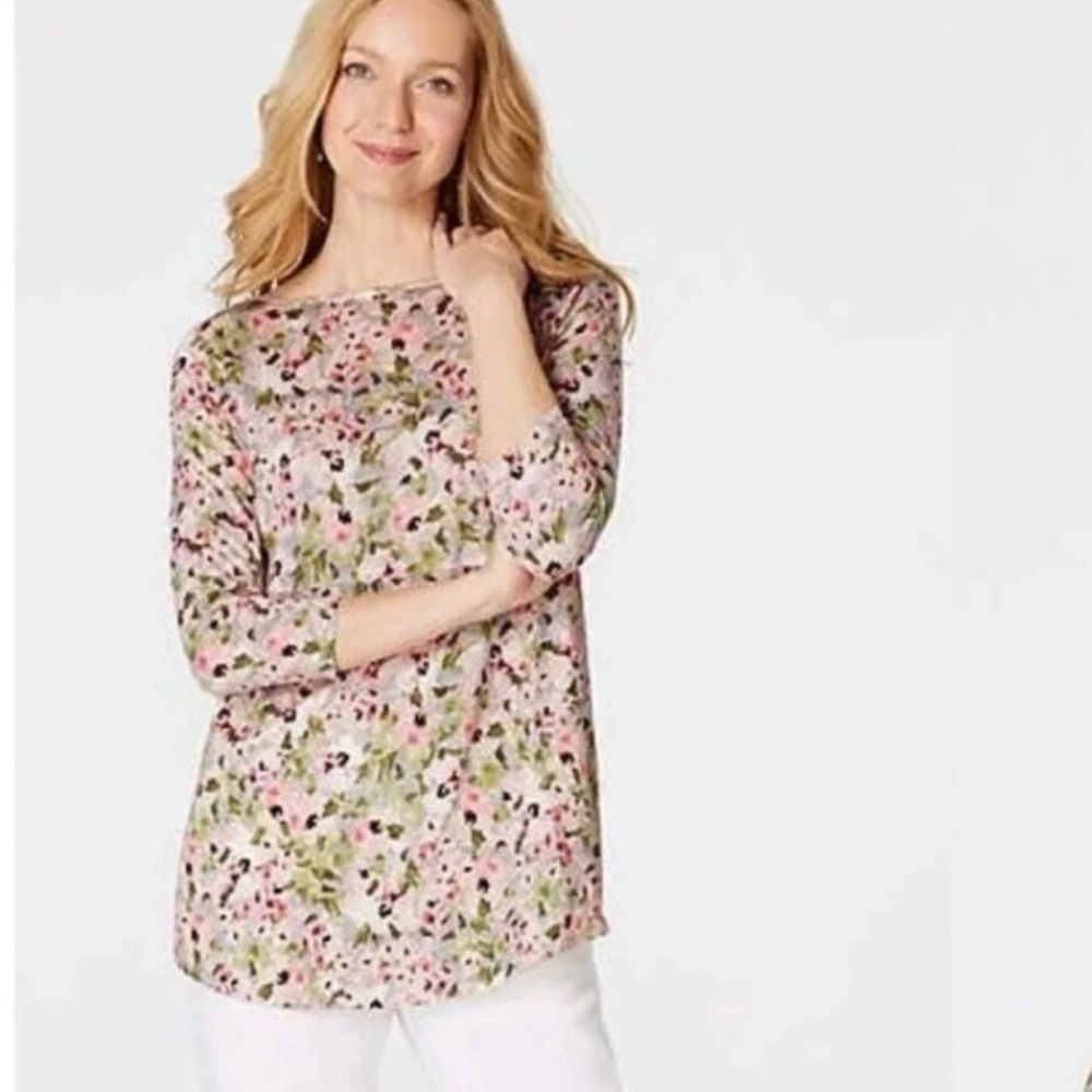 J Jill Love Linen Floral 3/4 Sleeve Keyhole Tie Back Tunic Top